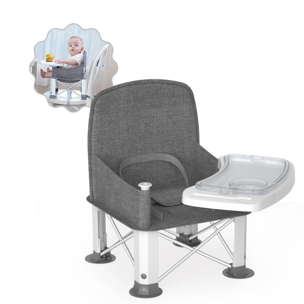 Baby Travel Booster Seat with Double Tray, BabyBond Upgraded Toddler Portable Baby Chair, Booster Seat for Dining Table, Stable and Foldable Booster Baby Chair for Indoor/Outdoor (Grey)