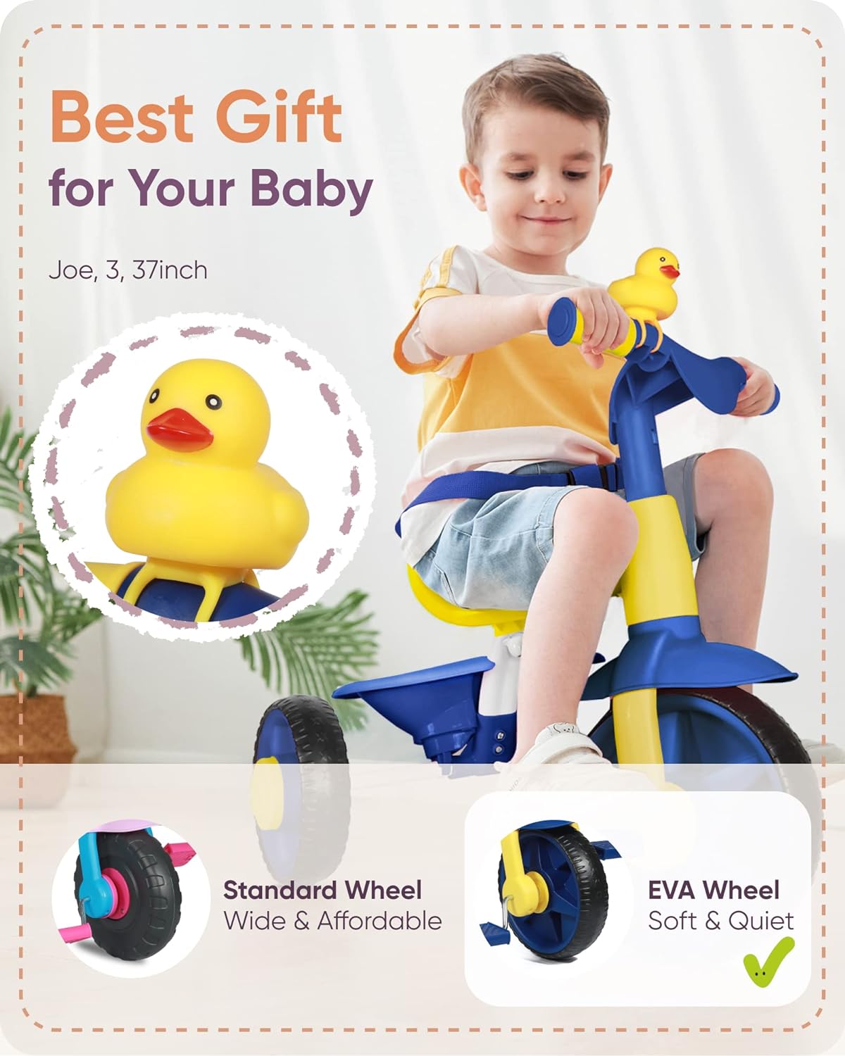 KRIDDO 2 in 1 Kids Tricycles Age 18 Month to 3 Years, EVA Wheels Upgraded, Gift, Trikes for Toddlers 2 to 3 Year Old with Push Handle and Duck Bell, Pink