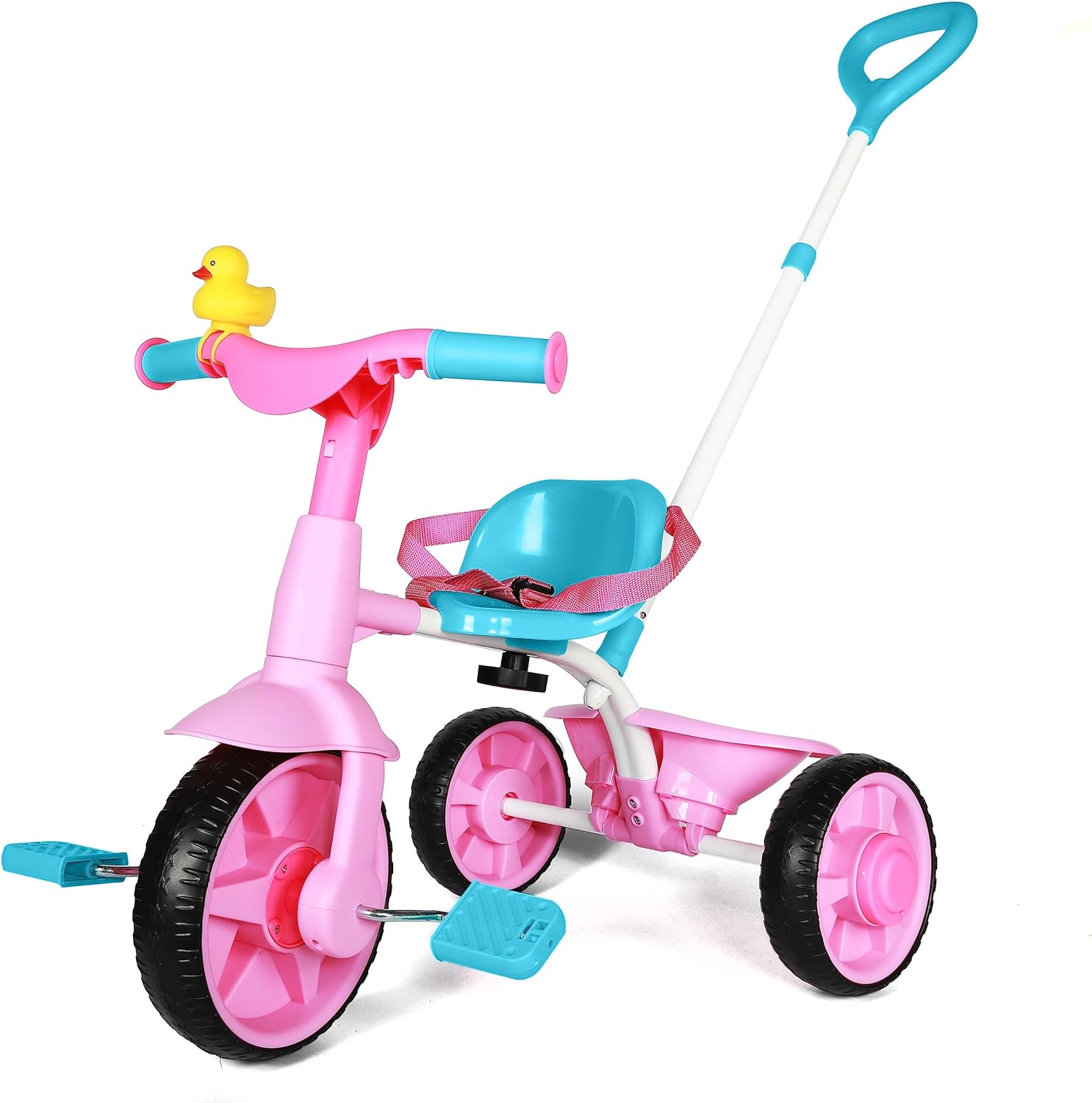 KRIDDO 2 in 1 Kids Tricycles Age 18 Month to 3 Years, EVA Wheels Upgraded, Gift, Trikes for Toddlers 2 to 3 Year Old with Push Handle and Duck Bell, Pink