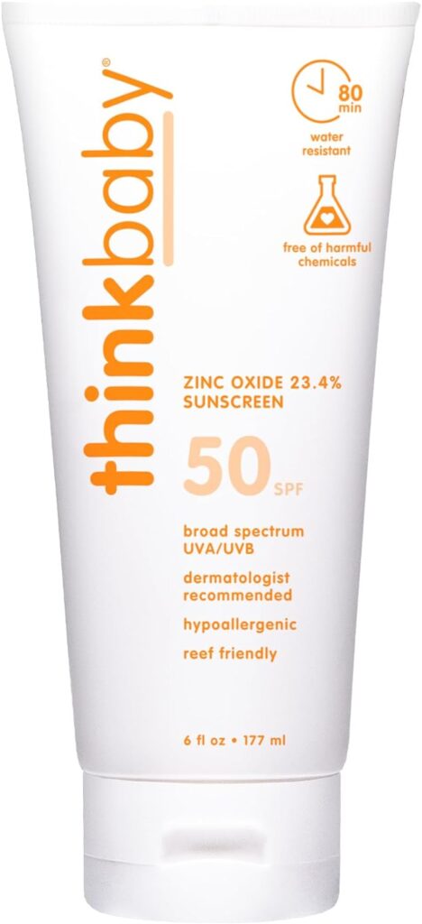 Thinkbaby SPF 50+ Baby Mineral Sunscreen – Safe, Natural Sunblock for Babies - Water Resistant Sun Cream – Broad Spectrum UVA/UVB Sun Protection – Vegan Baby Sunscreen Lotion, 6 Oz.