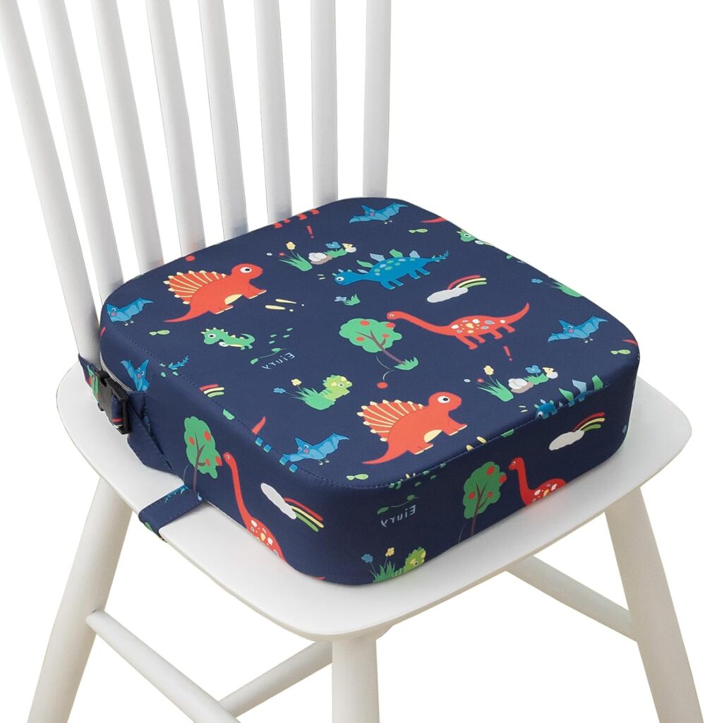 Toddler Booster Seat for Dining Table, Portable Kids Booster Seat with Safety Buckles Portable Increasing Booster Cushion with Non-Slip Bottom (Blue Dinosaur)